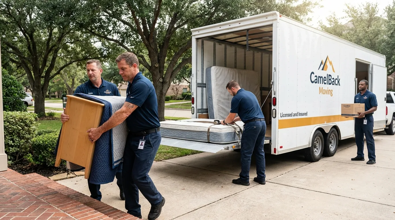 Crew loading residential truck for cross-state move from Corydon, IA