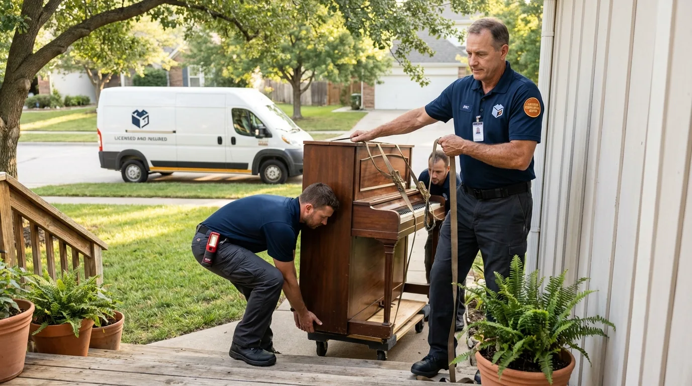 Licensed piano movers securing grand piano in Corydon, IA