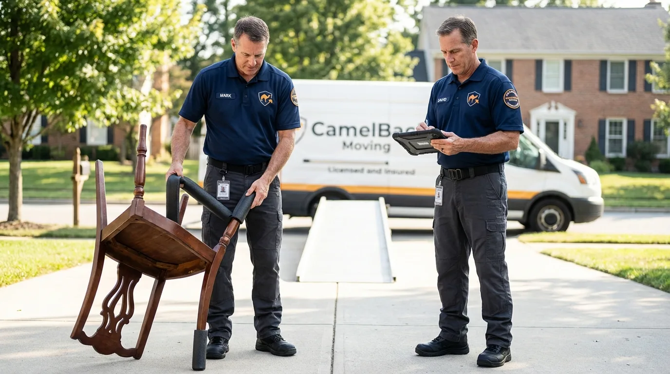 Movers inspecting furniture for damage prevention before loading in Corydon, IA